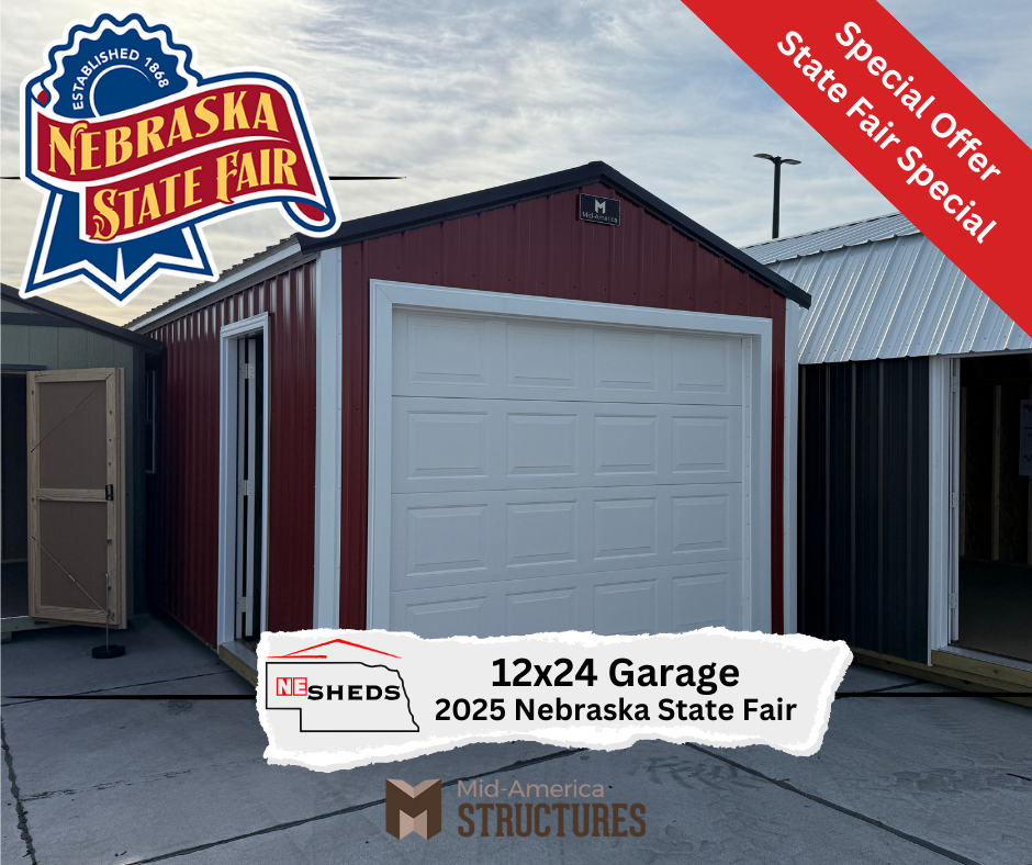 12x24 Garage at the 2025 Nebraska State Fair. The garage is red with white trim. A banner on the image says, "Special State Fair Offer".