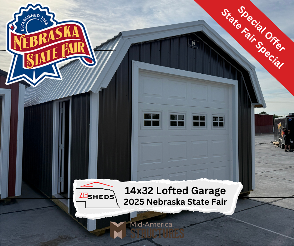 14x32 Lofted Garage at the 2025 Nebraska State Fair. The garage is dark with a white roof and trim. A banner on the image says, "Special State Fair Offer".