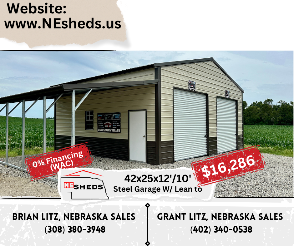 42x25x12'/10' Steel Garage w/ Lean To - Yutan, NE. | NE Sheds