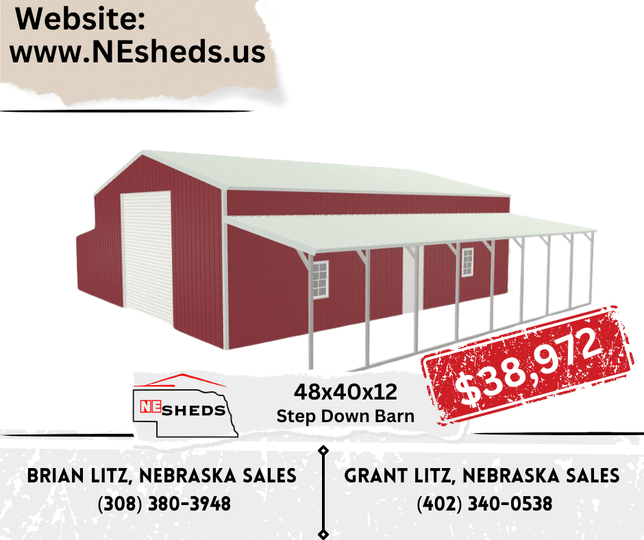 48x40x12 Step Down Barn | NE Sheds