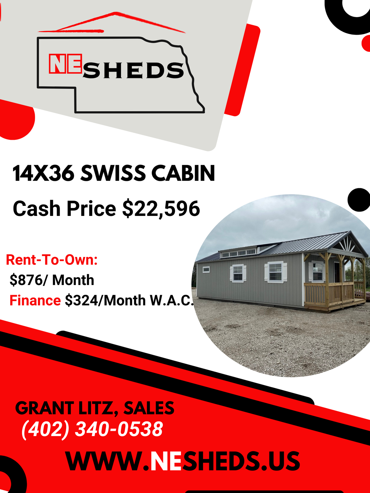 SOLD 14x36 Swiss Cabin - Yutan Nebraska Location | NE Sheds