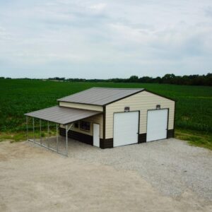 Exterior of a two-car garage structure with a lean-to attached to the side.