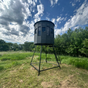 Exterior of hunting blind on stand.